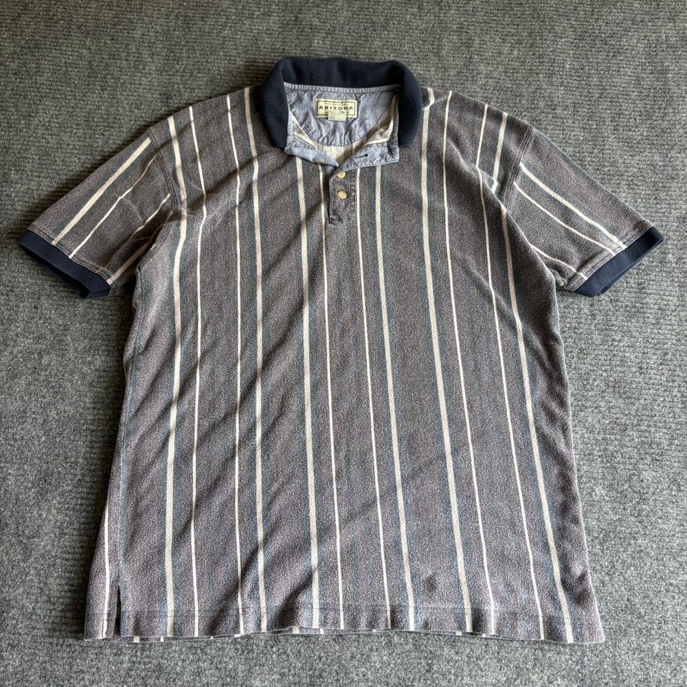 Arizona Jean Co Mens Large Grey Navy Striped Short Sleeve Cotton Polo Shirt